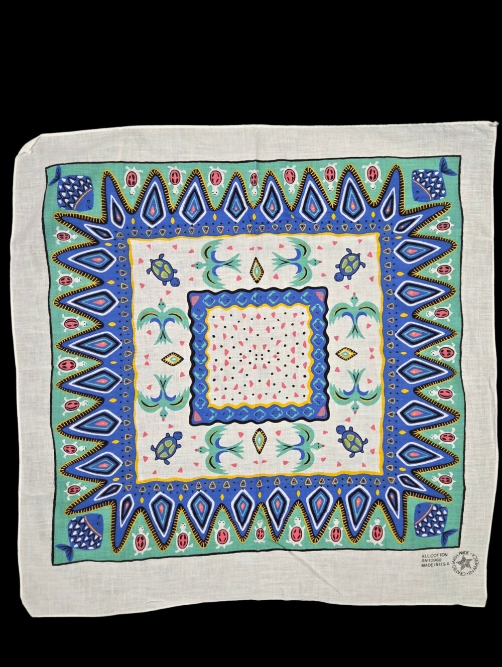 Vtg Colorful Nature Bandana Handkerchief Turtles Birds USA 80s Fast Color 21x21